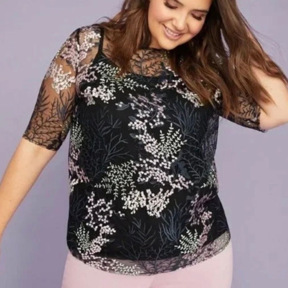 Lane Bryant Mesh Sheer Floral Embroidered Short Sleeve Shirt Top Sz 22/24 Black